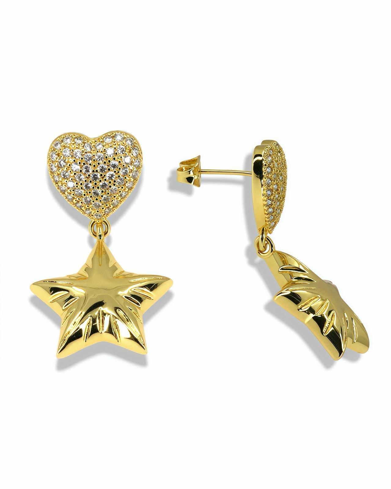 PAVE HEART EARRINGS WITH GOLD PUFFY STAR DROP
