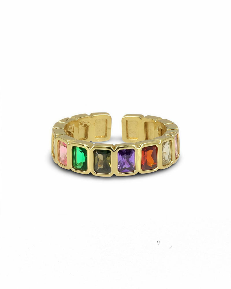 Adjustable Gold Multicolor Crystal Ring – Square Cut Colorful Zircon Statement Band for Women