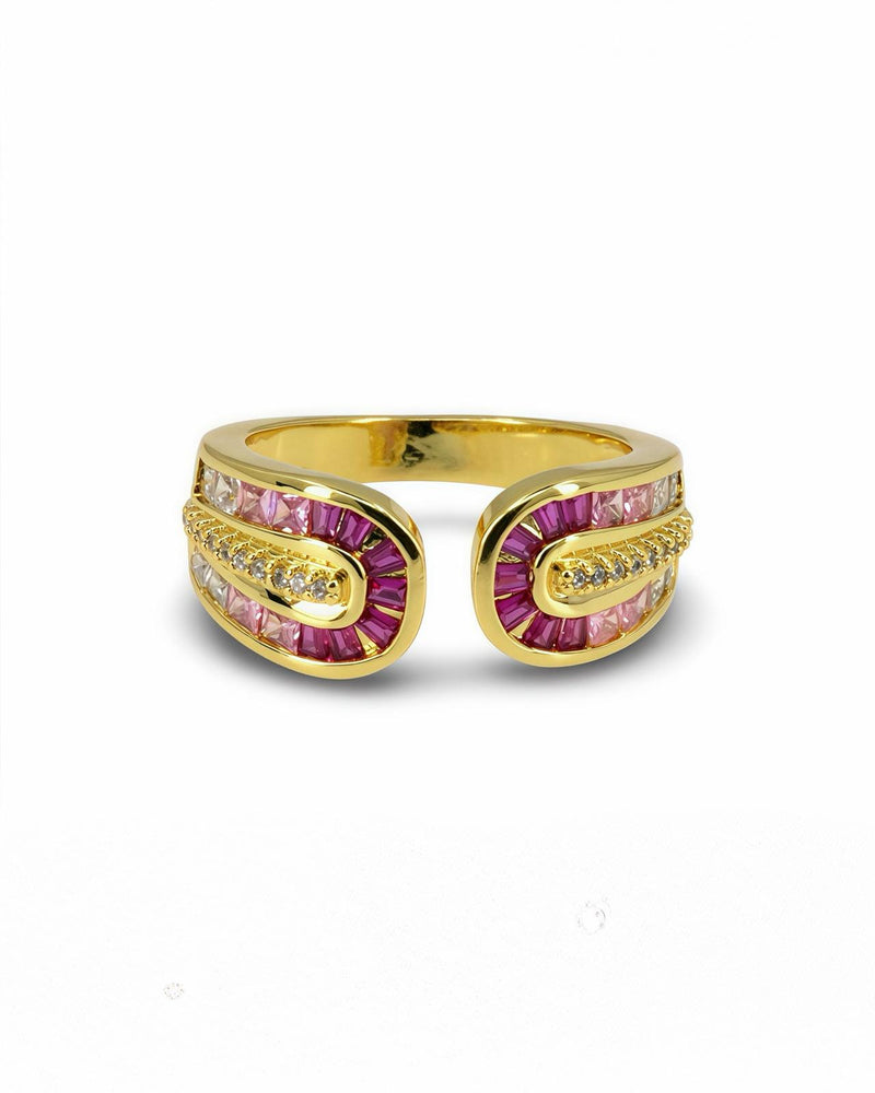 OPEN ADJUSTABLE RING WITH FUCHSIA PINK WHITE GRADIENT ZIRCON STONE