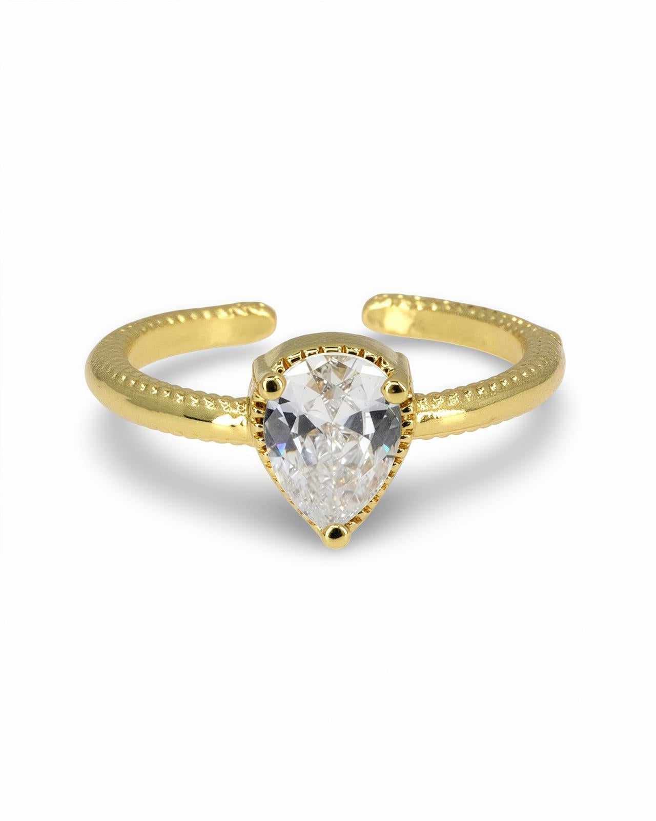 GOLD TEARDROP SOLITAIRE RING WITH ZIRCONIA- ELEGANT ADJUSTABLE RING FOR WOMEN