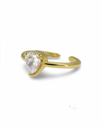 GOLD TEARDROP SOLITAIRE RING WITH ZIRCONIA- ELEGANT ADJUSTABLE RING FOR WOMEN