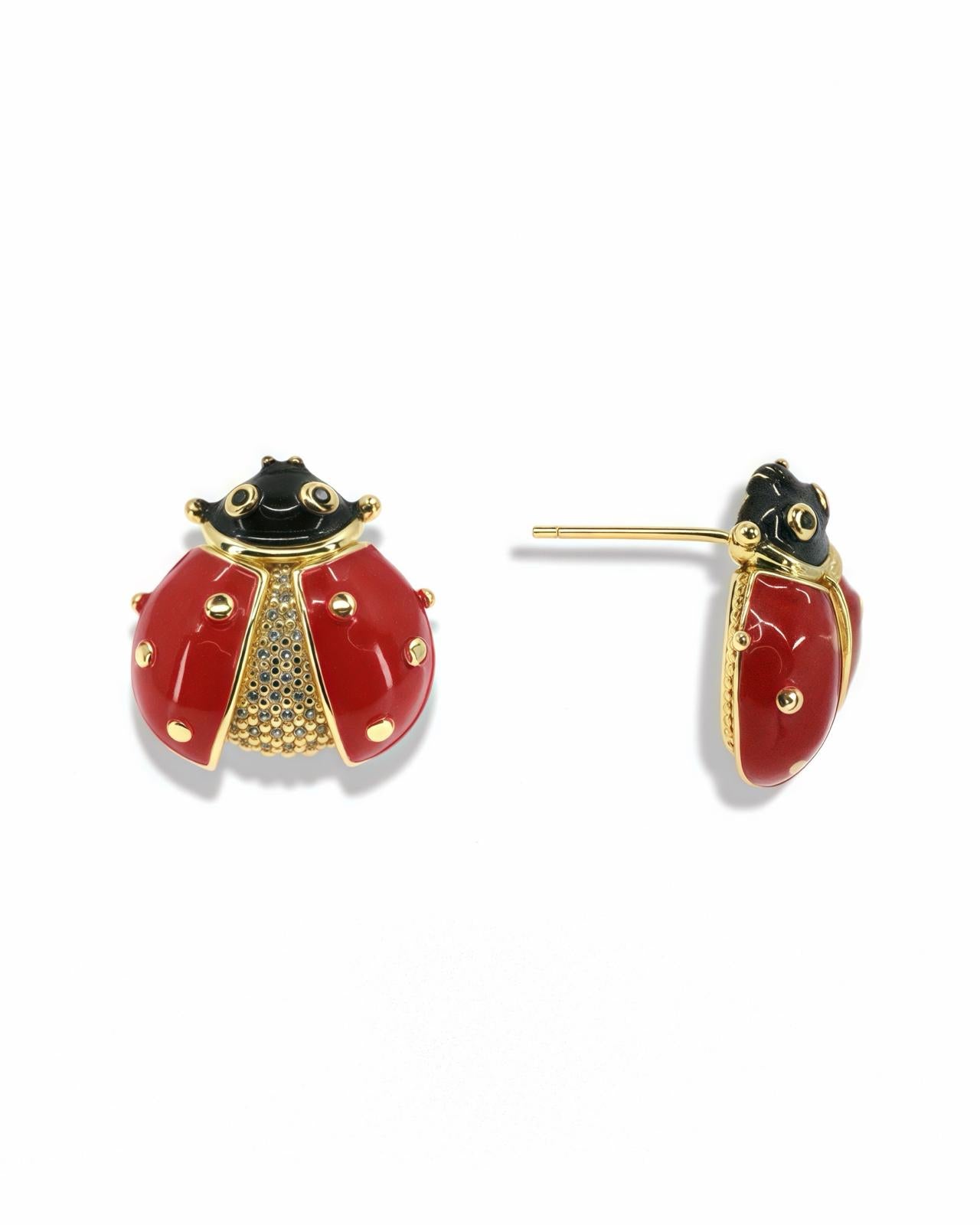 GOLD LADYBUG EARRINGS - RED & BLACK DETAIL WITH PAVE CRYSTAL BODY