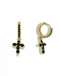 MINI CROSS HUGGIE EARRINGS - PAVE CZ HOOP, CLEAR OR BLACK