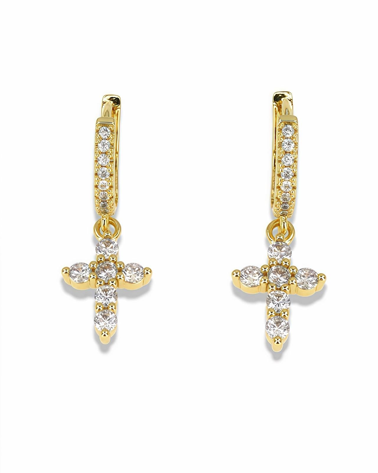 MINI CROSS HUGGIE EARRINGS - PAVE CZ HOOP, CLEAR OR BLACK