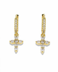 MINI CROSS HUGGIE EARRINGS - PAVE CZ HOOP, CLEAR OR BLACK