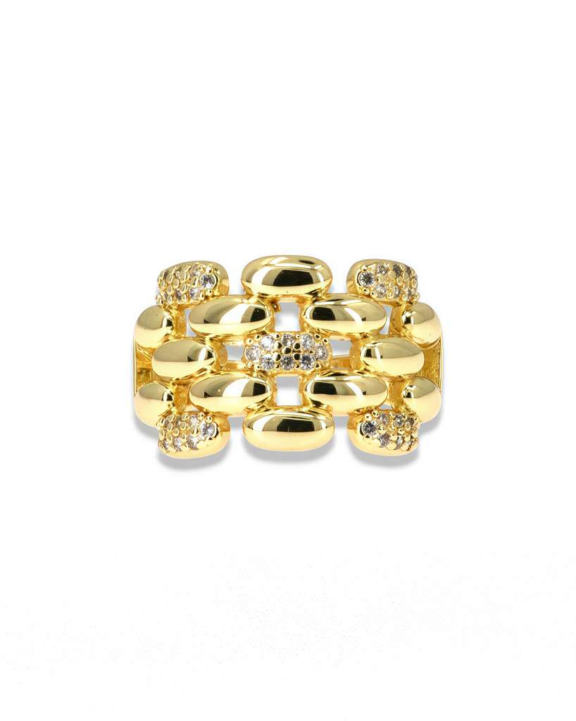 Oval Link Pavé Ring – Gold Textured Chain Adjustable Ring