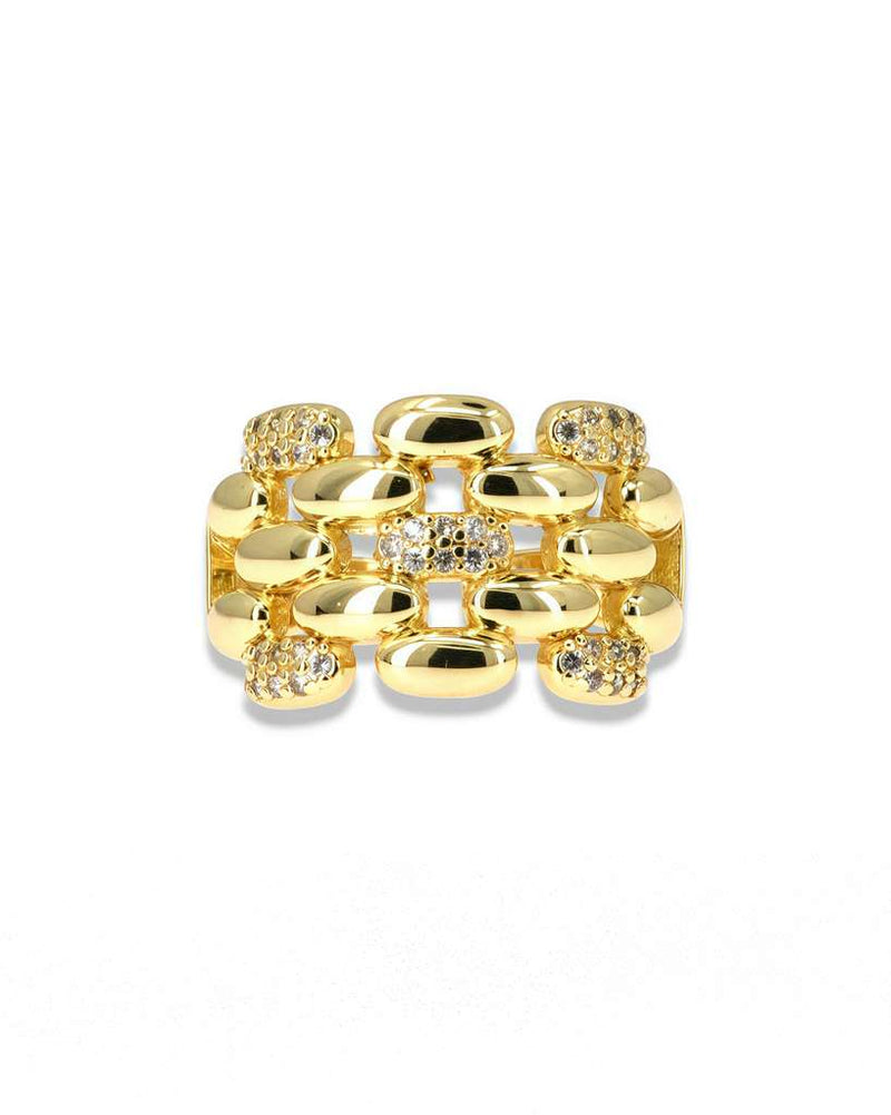Oval Link Pavé Ring – Gold Textured Chain Adjustable Ring