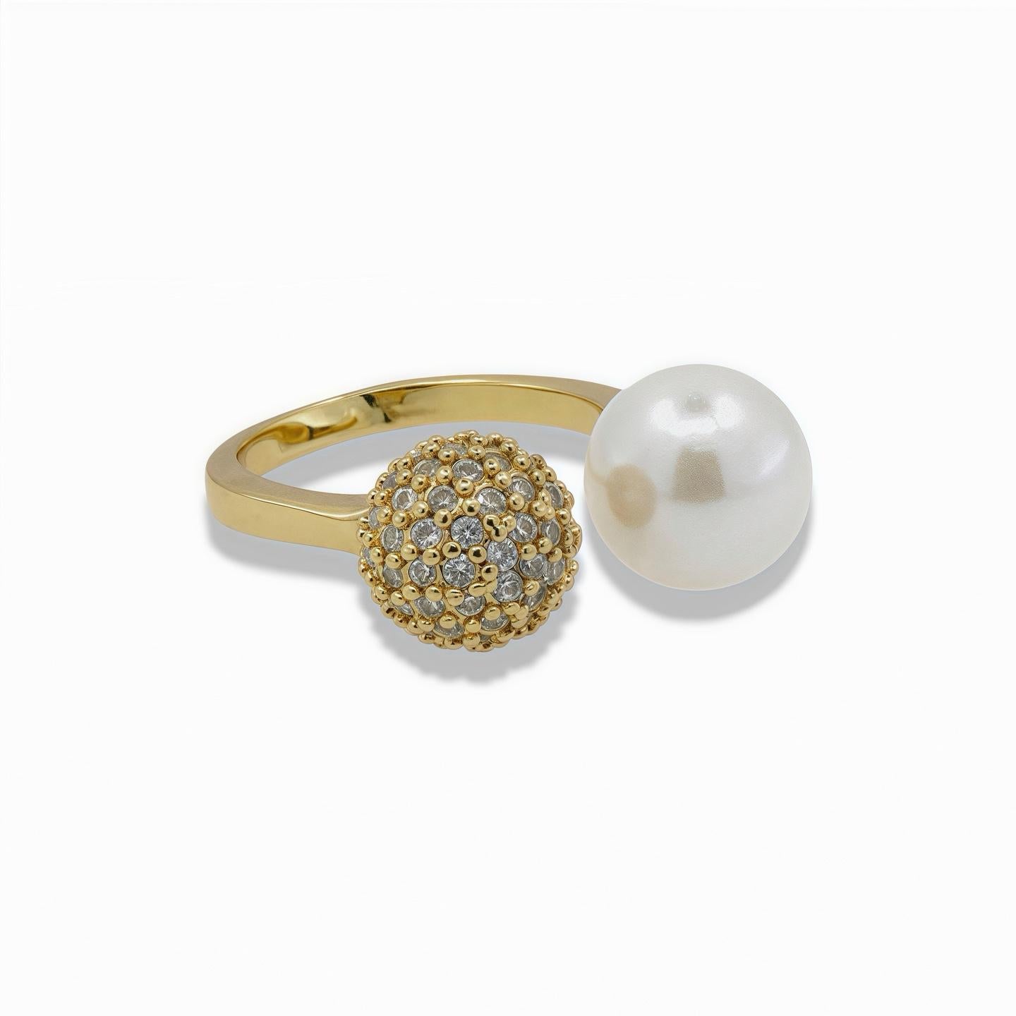 Open Front Gold Ring with Pavé Ball and Pearl Accent