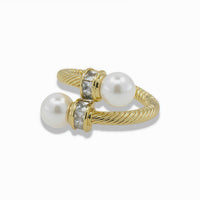 Open Gold Rope Texture Ring with Pearl and CZ Accents – Adjustable