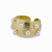Wide Textured Gold Ring with Mini Pearls – Adjustable Design