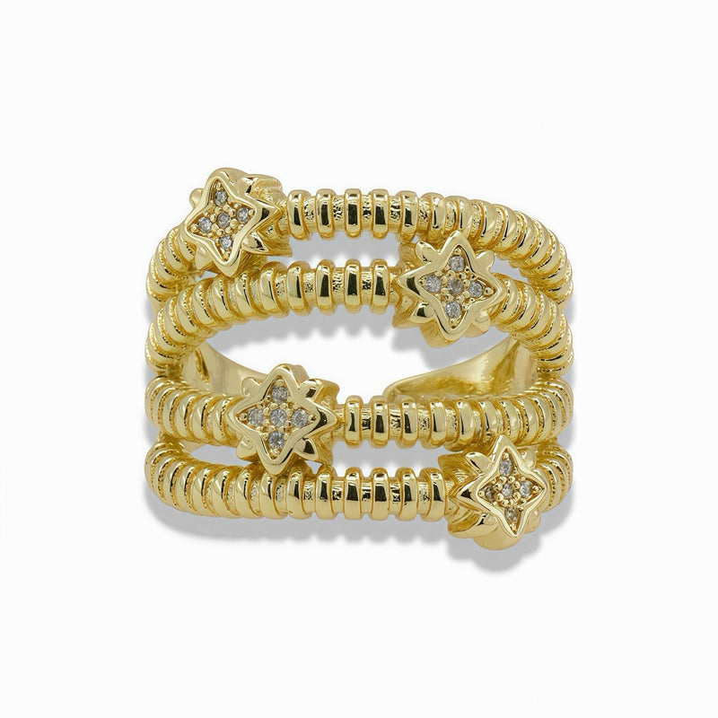 Textured Multi-Strand Gold Ring with CZ Stars – Adjustable