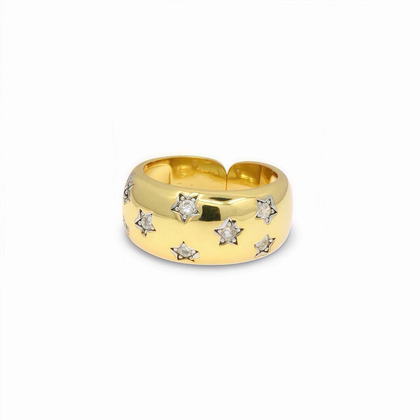 Smooth Chunky Gold Ring with CZ Stars – Adjustable Design