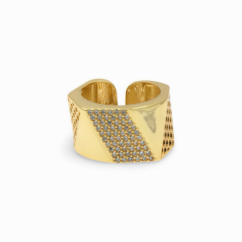Wide Gold Ring with Pavé Details & Perforated Texture – Adjustable Design