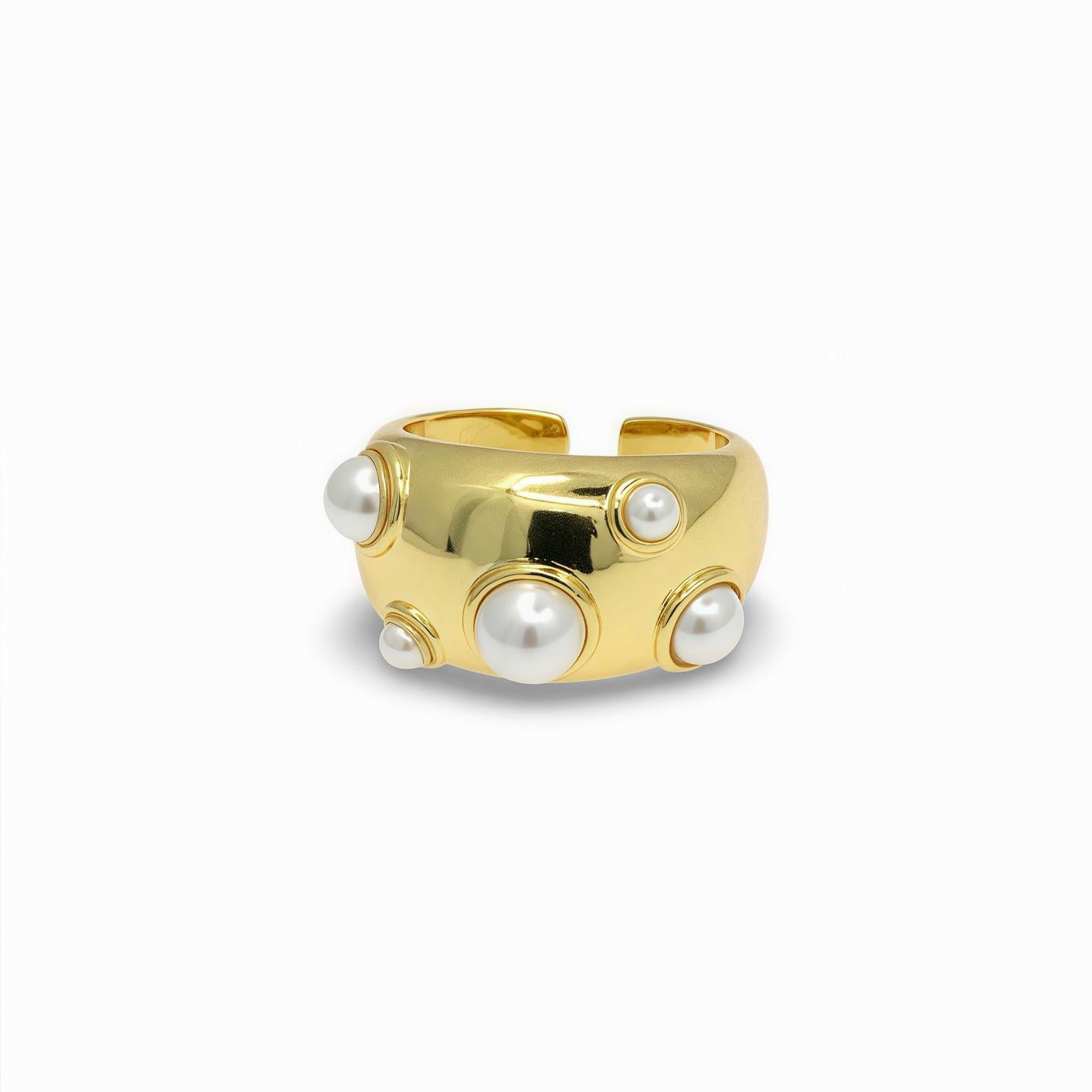 Wide Smooth Gold Ring with Mini Pearls – Adjustable Design