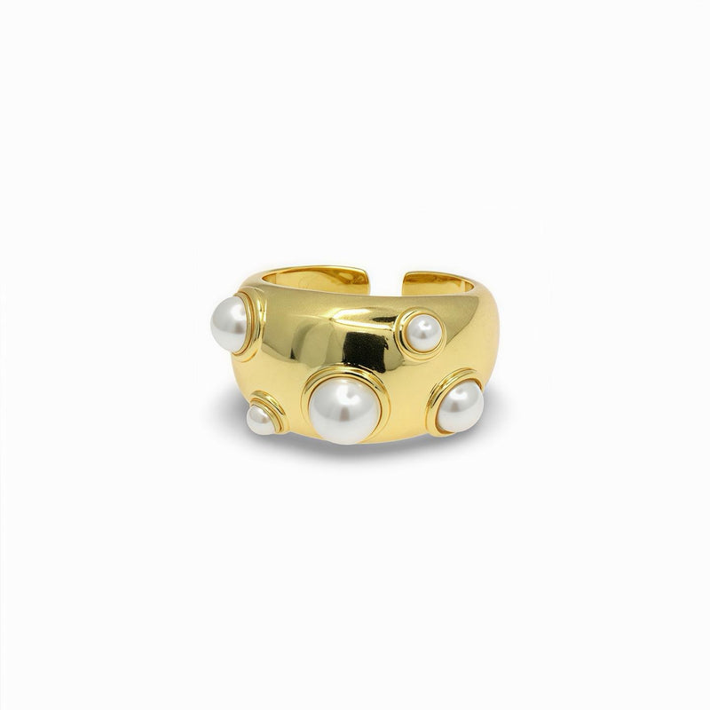Wide Smooth Gold Ring with Mini Pearls – Adjustable Design