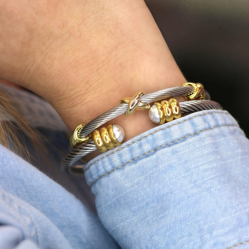 PEARL TIP CABLE BRACELET - OPEN CUFF GOLD & TWO TONE DESIGN