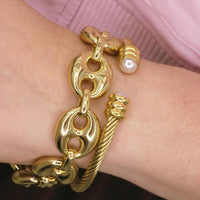 PEARL TIP CABLE BRACELET - OPEN CUFF GOLD & TWO TONE DESIGN