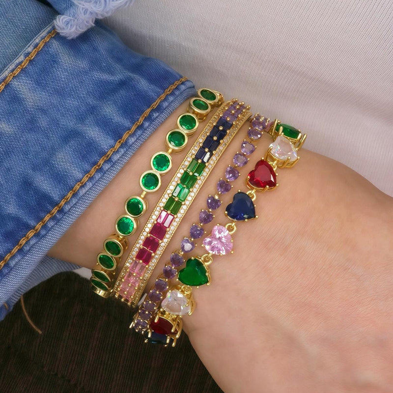 MULTICOLOR PAVE CZ CLICK BANGLE BRACELET- SNAP CLOSURE DESIGN